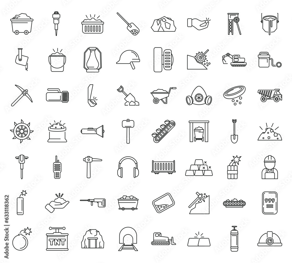 Gold miningicons set outline vector. Mine golden. Coal labor Gold miningicons set outline vector. Mine golden. Coal labor