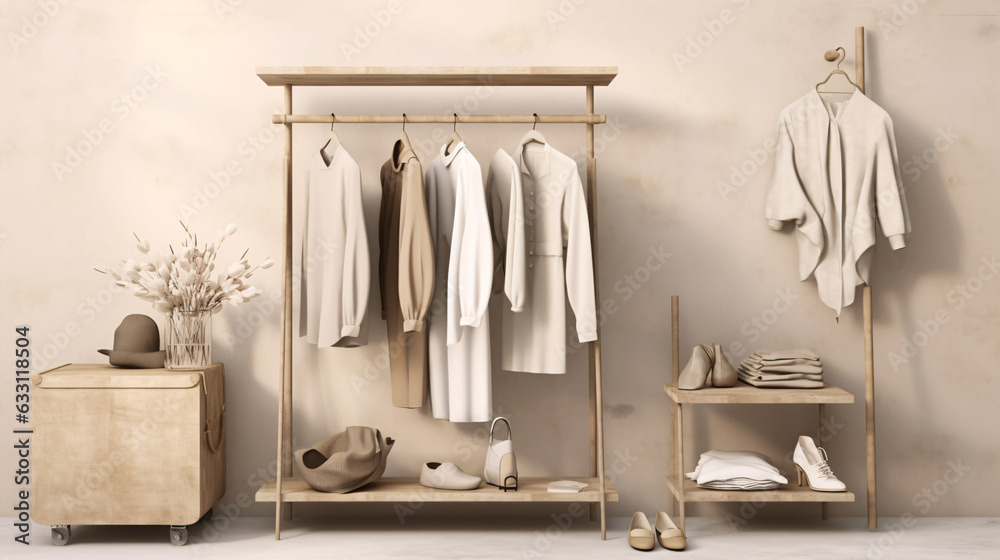 Grunge backdrop showcases clothes, while cream background hosts shelf. Array of neutral beige-hued garments adorns a rack. 3D rendering imbues store and bedroom vibes. Grunge backdrop showcases clothes, while cream background hosts shelf. Array of neutral beige-hued garments adorns a rack. 3D rendering imbues store and bedroom vibes.