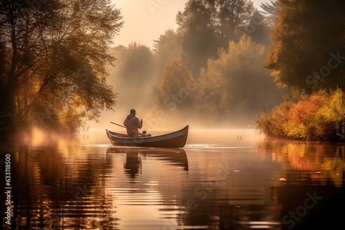 Fisherman on a boat at sunrise, generative ai