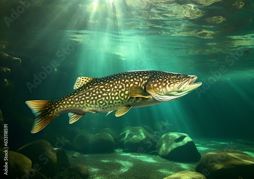 Pike fish under water, generative ai