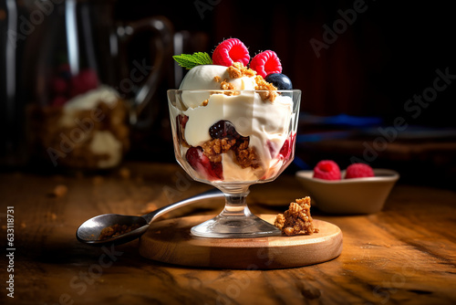 a large bowl of Cranachan a Scottish desert served on a wooden table photo