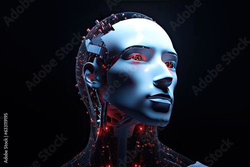 Artificial intelligence or robot digital face. AI or cyber, human head. Generative AI