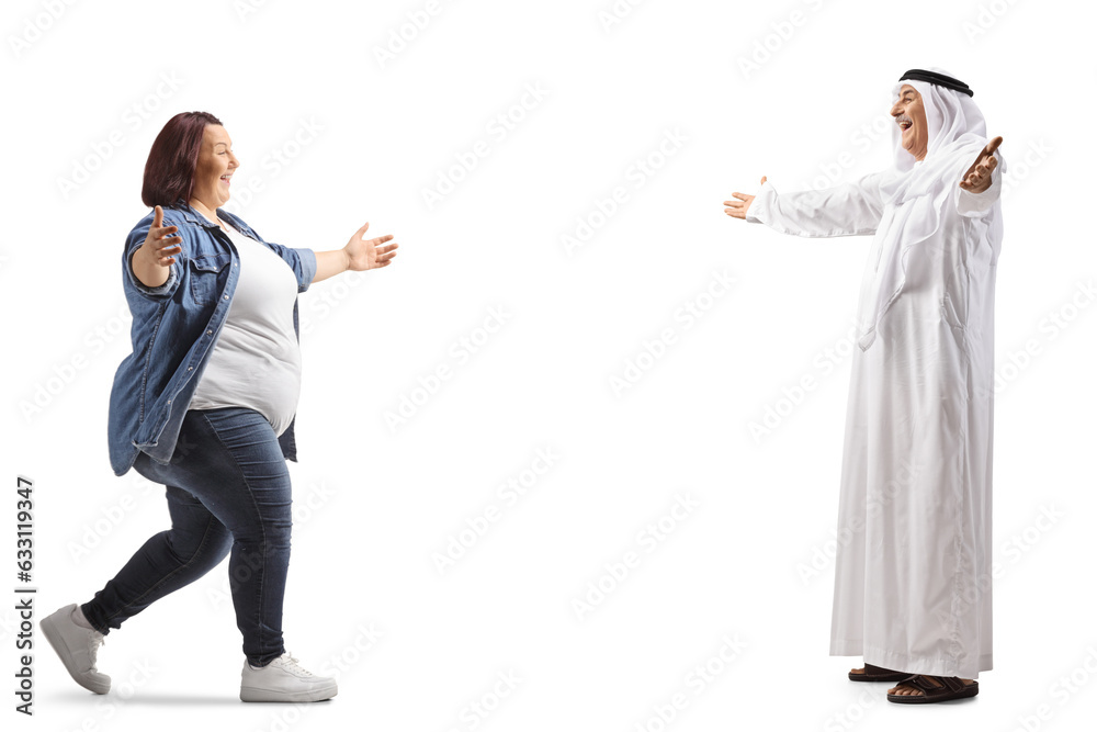 Corpulent woman meeting and greeting a muslum man Corpulent woman meeting and greeting a muslum man