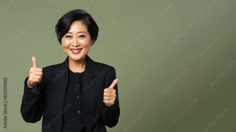 Successful senior asian businesswoman in the office is satisfied with the results of the achievement, thumbs up