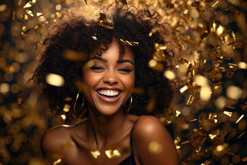 Beautiful african american young woman with curly hair having fun in the party with confetti Generative AI