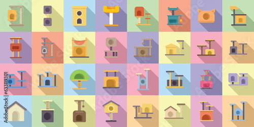 Cat house icons set flat vector. Post tower. Tray toy