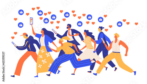 Group of colorful runners people isolated on white background. Concept of the influence of social networks. Influencer marketing social media concept