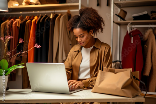 black woman typing on her laptop in her clothing store