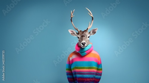 A human size reindeer in a trendy vintage hipster Winter sweatshirt. Abstract, illustrated, minimal portrait of a wild animal dressed up as a man in elegant clothes. photo