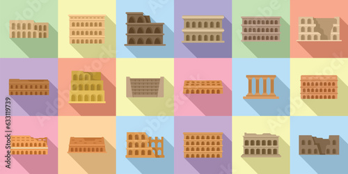 Amphitheater icons set flat vector. Arena ancient. Capital stadium
