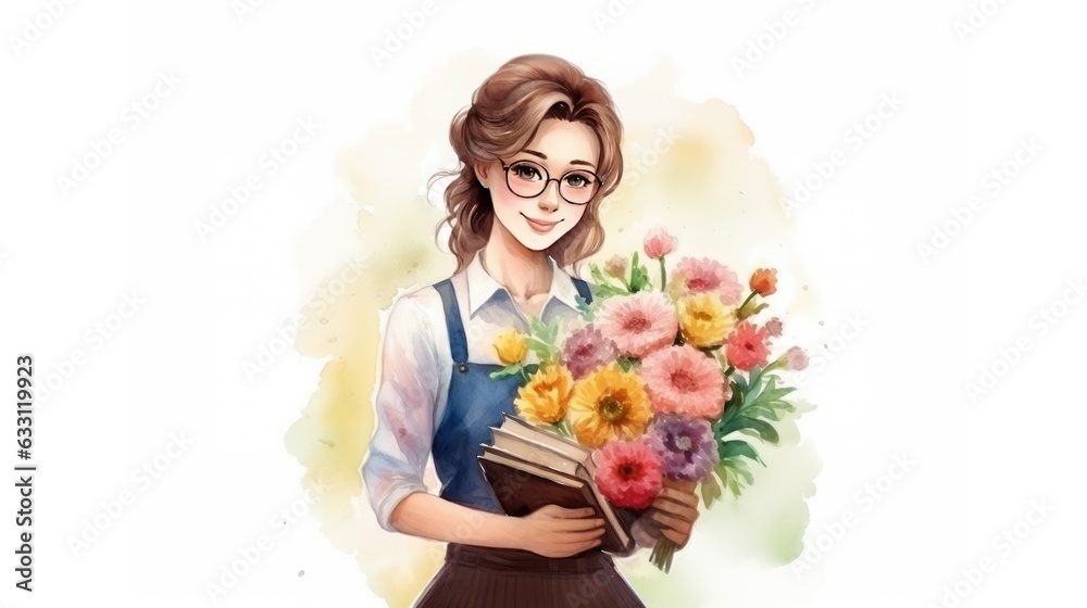 Teacher with a bouquet of flowers, watercolor illustration. Teacher with a bouquet of flowers, watercolor illustration.