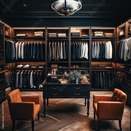 a photo of a interior of a luxury male wardrobe full of expensive suits, shoes and other clothes. boutique shop, AI Content