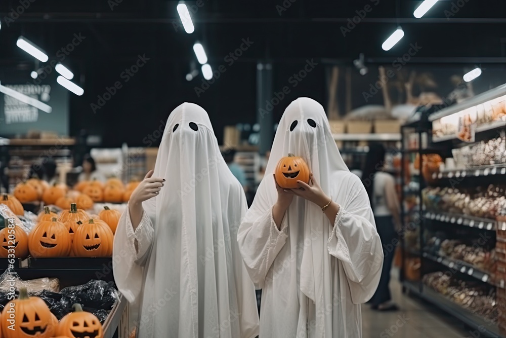 Two people dressed up as ghosts in a supermarket with Halloween decorations and pumpkins. One of the ghosts is holding a small orange pumpkin with a face carved into it.