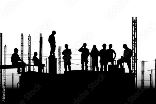 A black and white silhouette of construction workers on different levels of a site. An image of teamwork or a challenge of heights