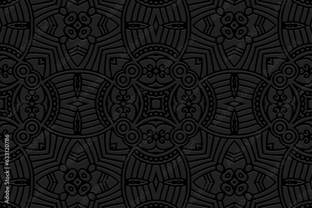 Embossed unique black background, cover design. Geometric 3D pattern, press paper, leather. Boho, handmade. Tribal color, ethnic motives of the East, Asia, India, Mexico, Aztec, Peru.
