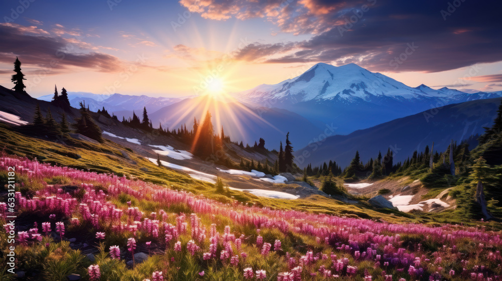 Mystical Sunrise: Mountain Peaks and Meadow Radiance. Peaceful Landscape. Generative AI