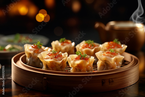 Shumai a type of tradisional Chinese dim sum served on a bamboo basket photo