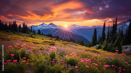 Mystical Sunrise: Mountain Peaks and Meadow Radiance. Peaceful Landscape. Generative AI