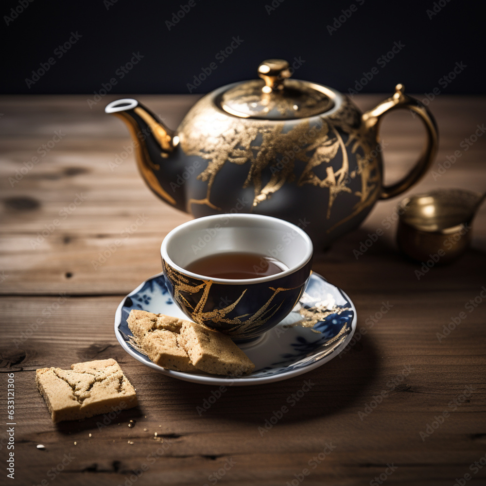 Kintsugi Japanese style teapot and cup of tea decorated with cookies Stock Illustration Adobe