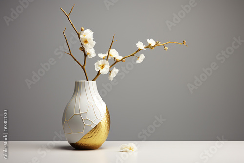 Japanese art style vase with cherry flowers , minimalist style home decoration