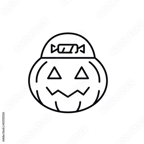 Pumpkin with candy line icon. Jack o Lantern icon isolated on white background.  Outline vector illustration from halloween collection. Halloween line icon. Vector illustration 