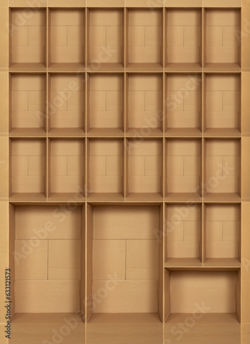 Collage of many open cardboard boxes. Creative layout for placing text or images. Courier shipping, selling or delivery. Packing parcel, package and shop order, boxing and wrapping product.