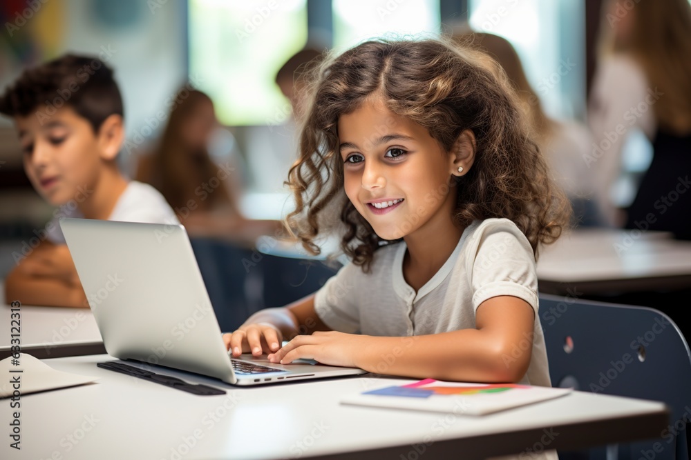 smiling kids back to school playing with laptop smiling kids back to school playing with laptop