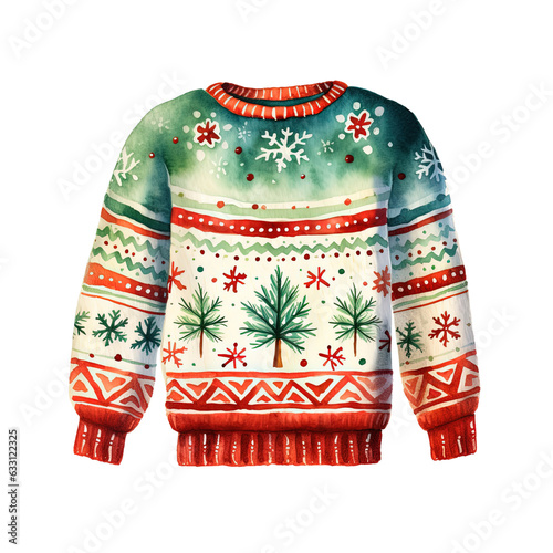 Generative AI, PNG Christmas ugly sweater, watercolor style © DELstudio