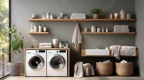 A Well Lit Laundry Room Interior with washing machine. Generative AI.
