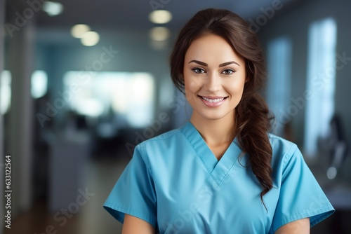 attractive nurse or doctor in a blue uniform