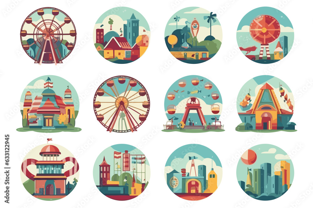 set of eggs Amusement park icons round concept vector illustration set of eggs Amusement park icons round concept vector illustration