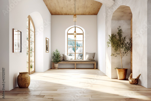 Mediterranean, coastal style interior design of modern entrance hall with arched door in farmhouse.