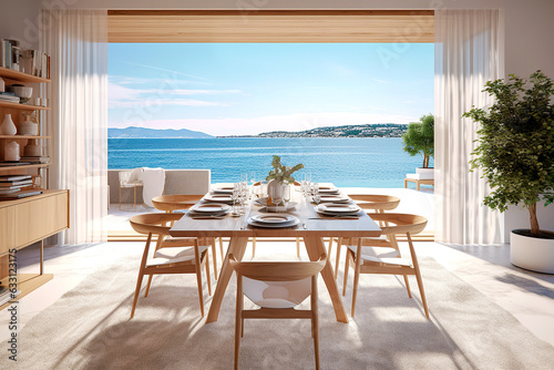 Mediterranean interior design of modern dining room in seaside villa with stunning sea view.