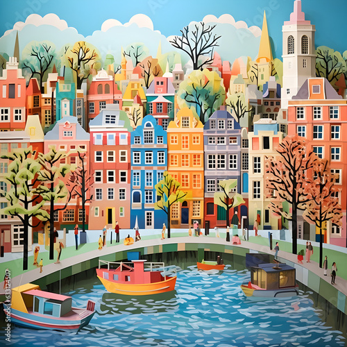 Amsterdam, paper art collage, vibrant Amsterdam, canal, layered color paper, travel wallpaper, 