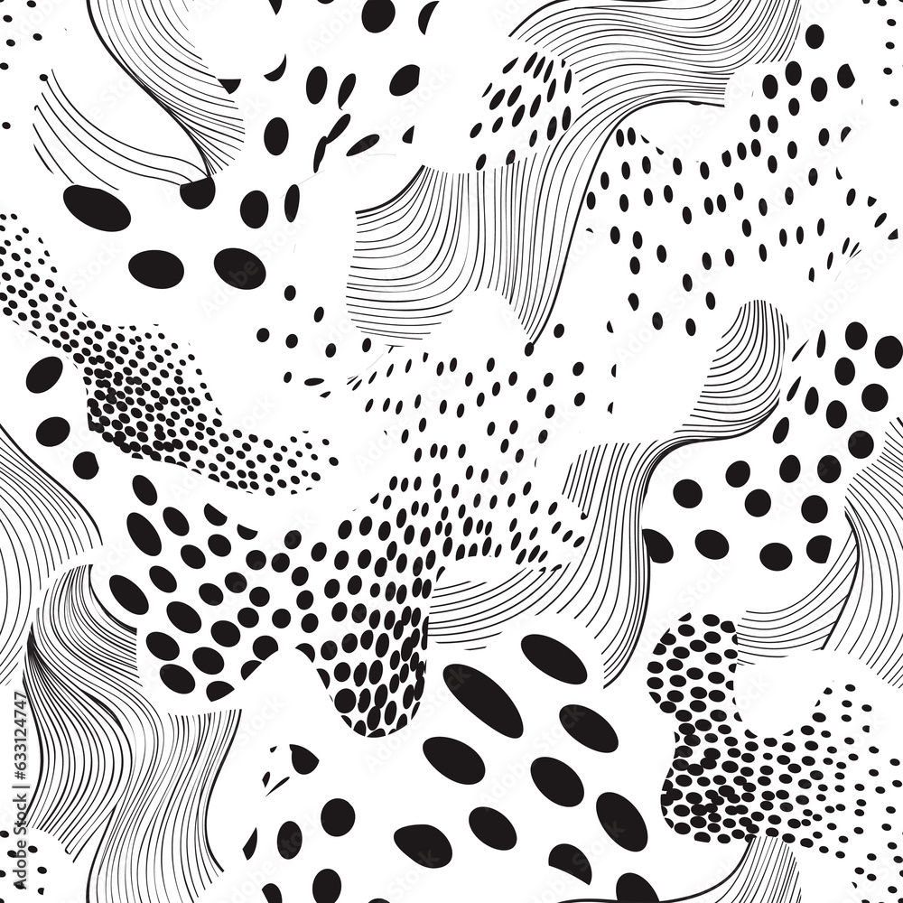 Abstract dotted seamless pattern with chaotic flowing swirl lines and blots in geometric style. Dots and blots artistic stylish polka dot ornamental endless background Abstract dotted seamless pattern with chaotic flowing swirl lines and blots in geometric style. Dots and blots artistic stylish polka dot ornamental endless background