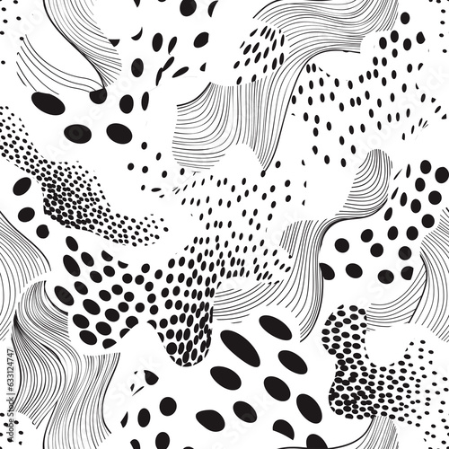 Abstract dotted seamless pattern with chaotic flowing swirl lines and blots in geometric style. Dots and blots artistic stylish polka dot ornamental endless background