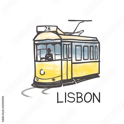Lisbon city landmark famous vintage yellow tram #28, the oldest european public transport of the Old Town, Lisbon, Portugal. Retro poster tourist attraction vector illustration. photo