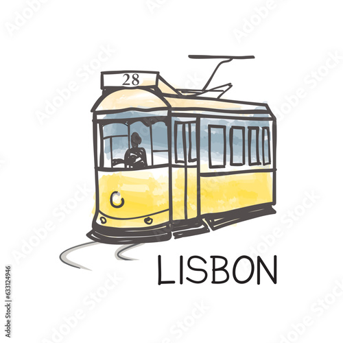 Lisbon city landmark famous vintage yellow tram #28, the oldest european public transport of the Old Town, Lisbon, Portugal. Retro poster tourist attraction vector illustration.