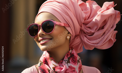 Smiling woman in pink head scarf outdoor. Breast cancer awareness concept