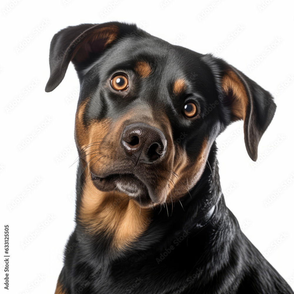 Isolated Rottweiler Dog with Tilted Head on White Background