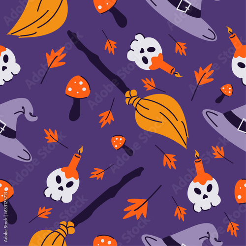 Seamless background of merry Halloween. Vector illustration with a skull with candles, fly agaric mushroom, witches broom,leaves,witch hat.Pattern on a dark background.