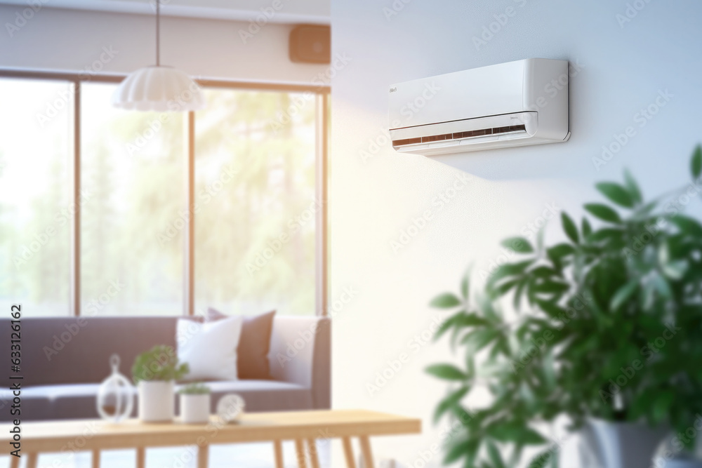 Living room interior with air conditioner. Working air conditioner for comfort temperature in home at hot summer, cooling air in the room