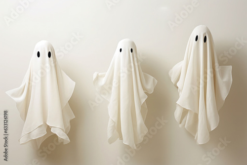 Ghostly spirits with smiling faces on abstract background. Cute ghost monsters for Halloween.