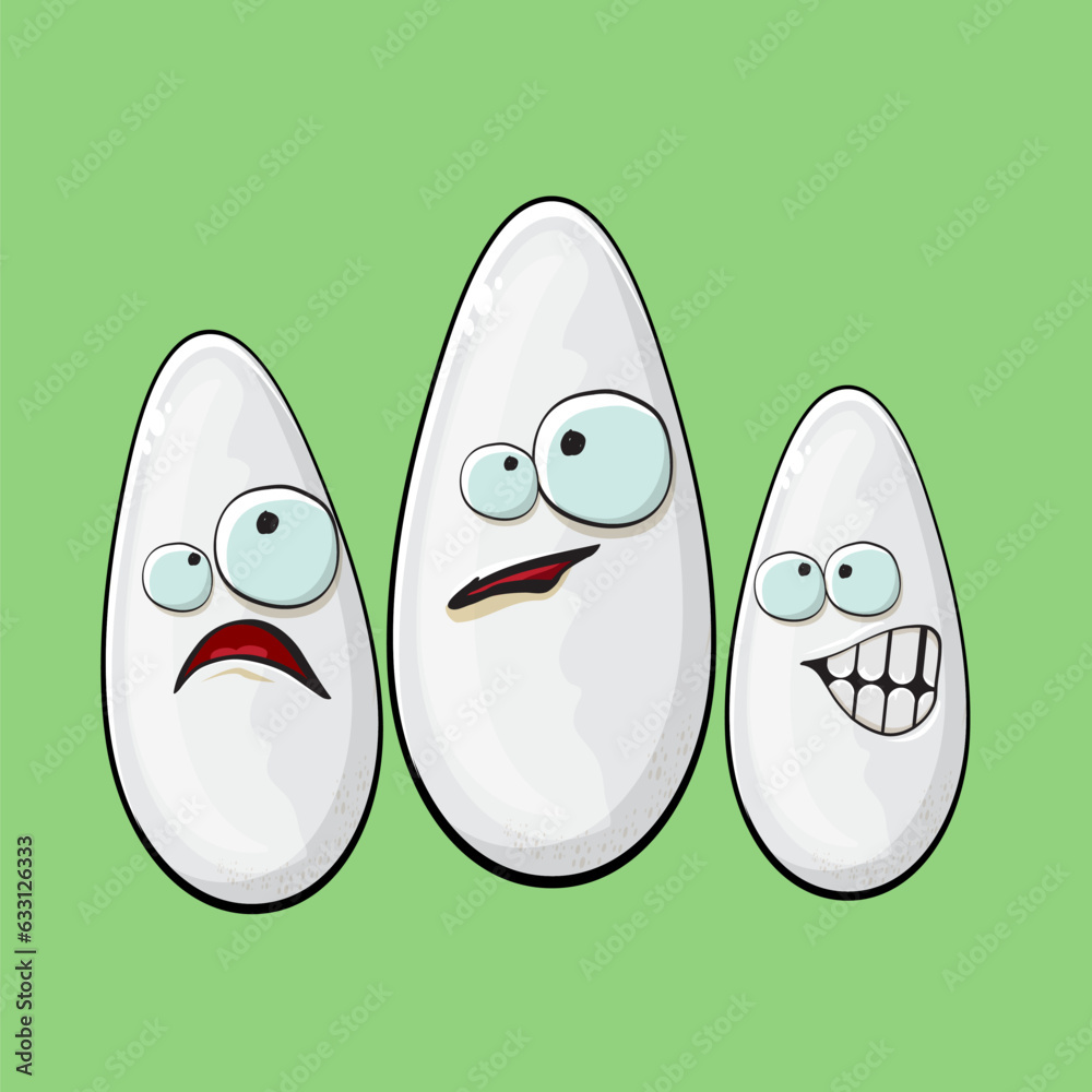 Rice character. Cartoon rice grain characters isolated on green background. Funky rice character with eyes and mouth. Vector white rice clip art, emoji, label and sticker Rice character. Cartoon rice grain characters isolated on green background. Funky rice character with eyes and mouth. Vector white rice clip art, emoji, label and sticker