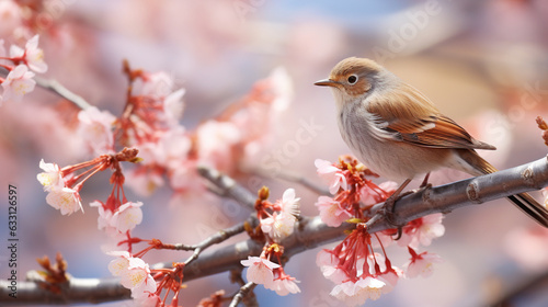 Exquisitely charming nightingale perched upon a blossoming tree during the spring season. 