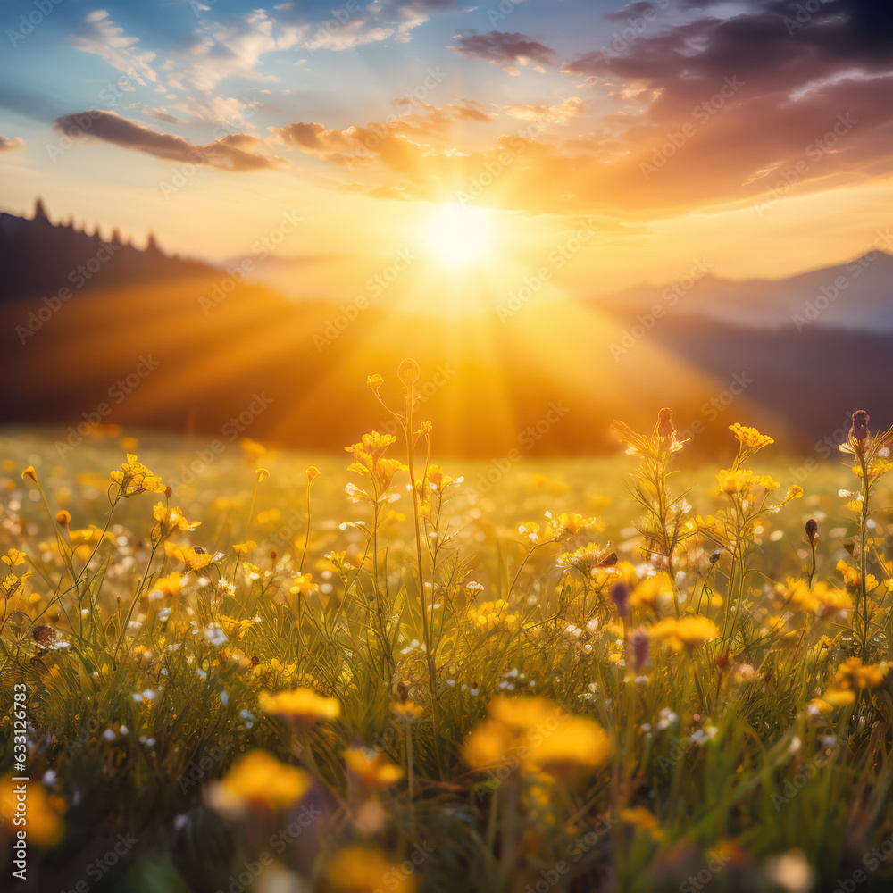 Golden Dawn Mountain Meadow Sunrise. Peaceful Landscape. Generative AI