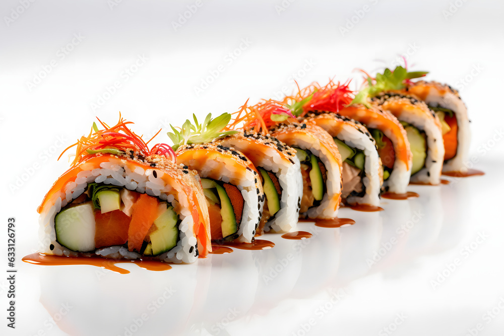 Sushi served on white background with reflection Sushi served on white background with reflection