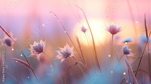 A gently blurred  natural image capturing wild grass adorned with morning dew on a spring or summer meadow  presented in soft and delicate pastel shades. The macro perspective adds 