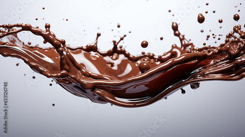 Food photography - A dynamic burst of rich brown chocolate liquid, accompanied by splashes of droplets in mid-air, set against a transparent background in PNG format. 