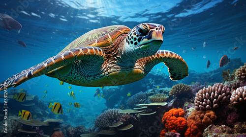 Oceanic reptilian creatures backdrop - A detailed view of an underwater portrait featuring a sea turtle. The image captures the beauty of these creatures as they navigate the water © Julia